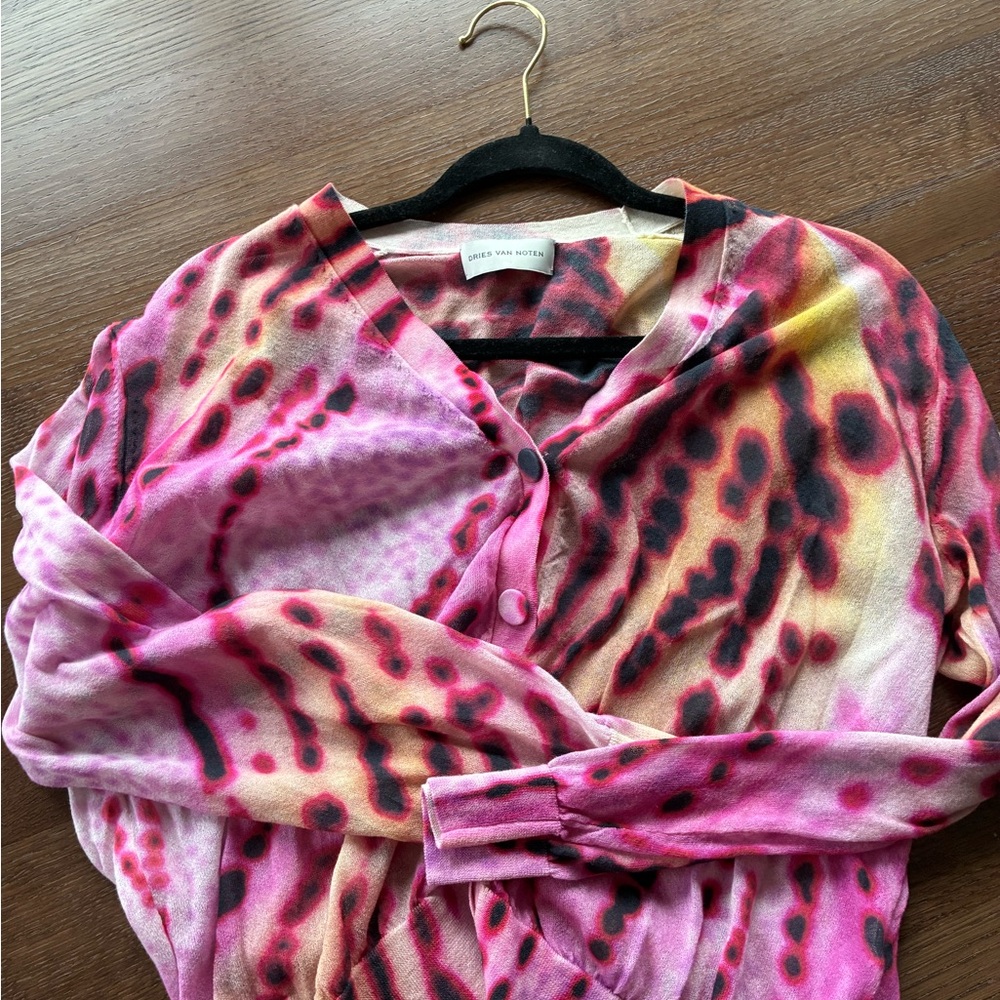 Dries Van Noten Pink Black Yellow Abstract Pattern Cardigan